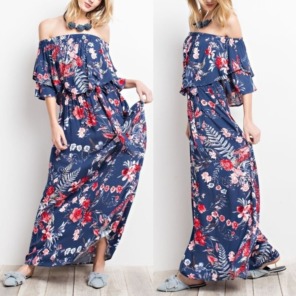 Floral Print Ruffle Off Shoulder Maxi Dress